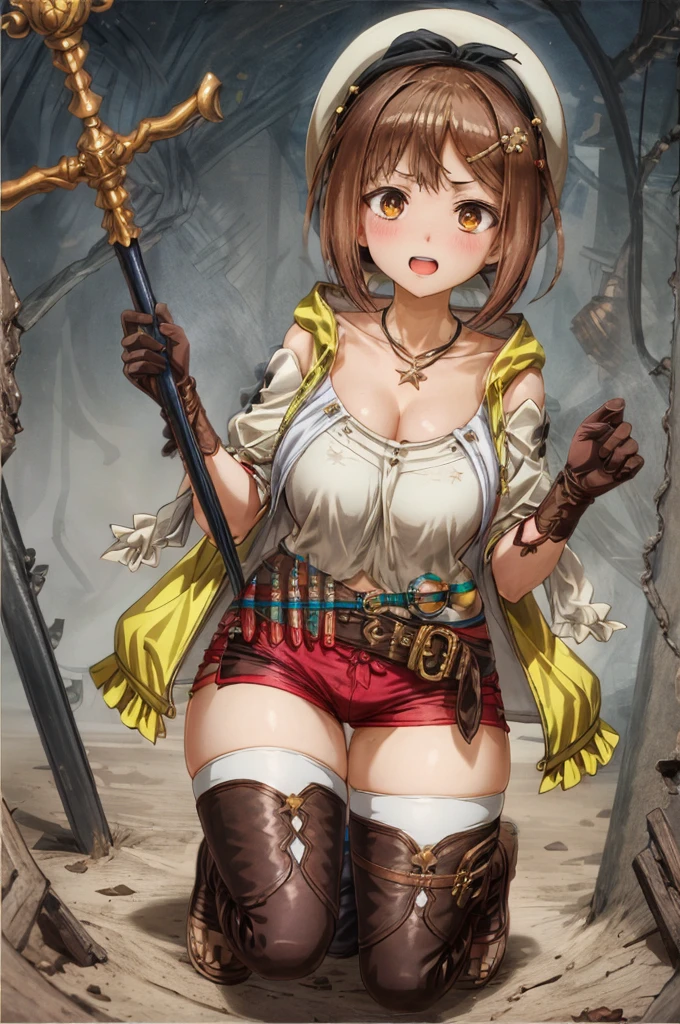 NSFW、(Squat down and spread your legs:1.3), riser, 1 girl, ((blush:1.2)), alone, shorts, gloves, Belt bag, head ribbon, jewelry, Black shorts, brown hair, thighs thighs thighs, short shorts, bridal legwear, necklace, brown eyes, single glove, hair ornaments, Barrette, Star necklace, toeless footwear, leather, Star (symbol), white hat, Brown gloves, Knee-high boots, short hair, thick thighs, leather Belt, brown belt, leather gloves, Jacket, blue belt, thigh boots, Sleeveless Jacket, thigh pouch, white thighs, clavicle, Yellow Jacket, brown shoes, cleavage, huge breasts, big breasts, outdoor, close the legs, Put your hands behind your head, narrow your eyes,、(NSFW、panties aside、showing panties、skindantation、zettai ryouiki:1.4)、(NSFW、cum、cum on breasts:1.5)、(NSFW、Wet、nipples through、nipples visible through clothes:1.4)