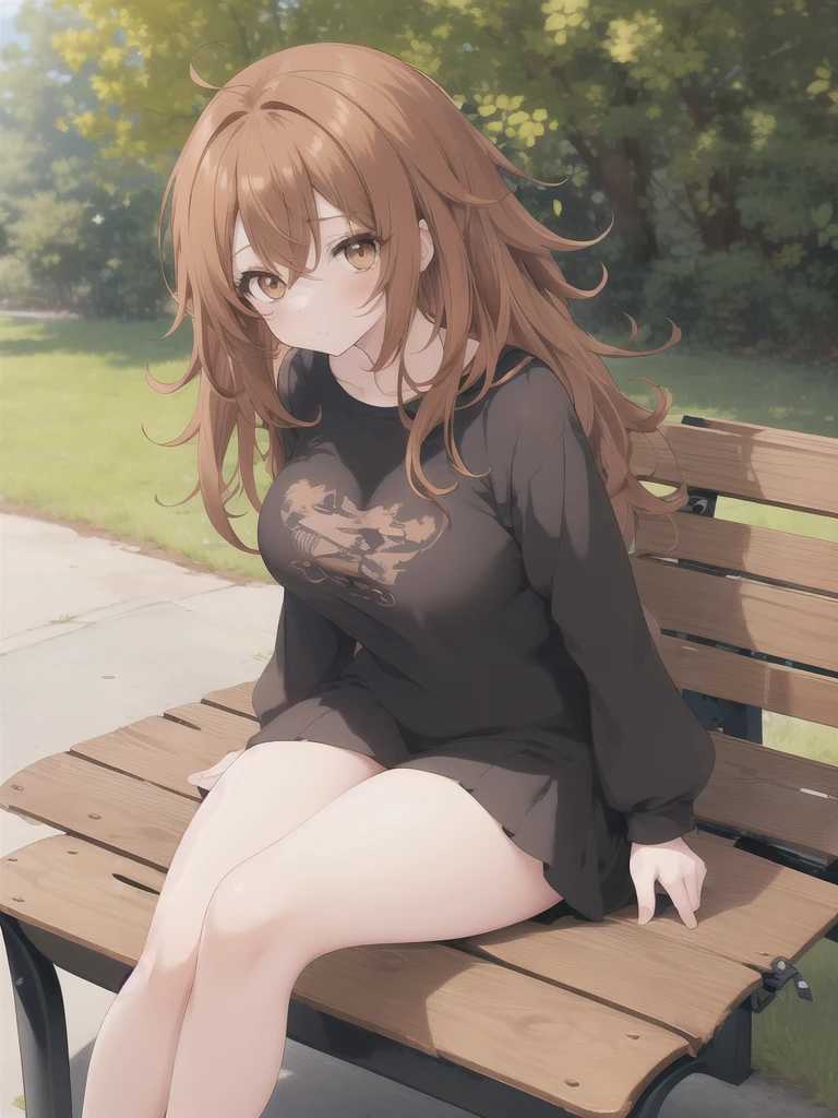 anime image, detailled image, 1girl‚ brown eyes‚ beautiful eyelashes‚ (chestnut hair)‚ (chestnut hair curto), (chestnut hair curtos e cacheados), (Messy hair) black clothing, sitting on a bench, breasts big, thick thighs‚ pastel and vibrant colors, lineart, Simpler