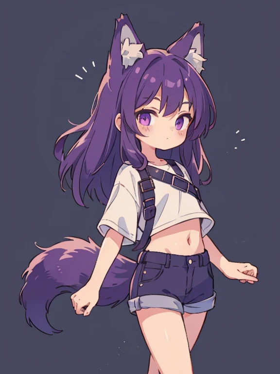 Cute, young, flat chest, 10 years old, shorts, crop-top, wolf ears, fluffy tail, dark purple hair, dark purple tail, vr headset