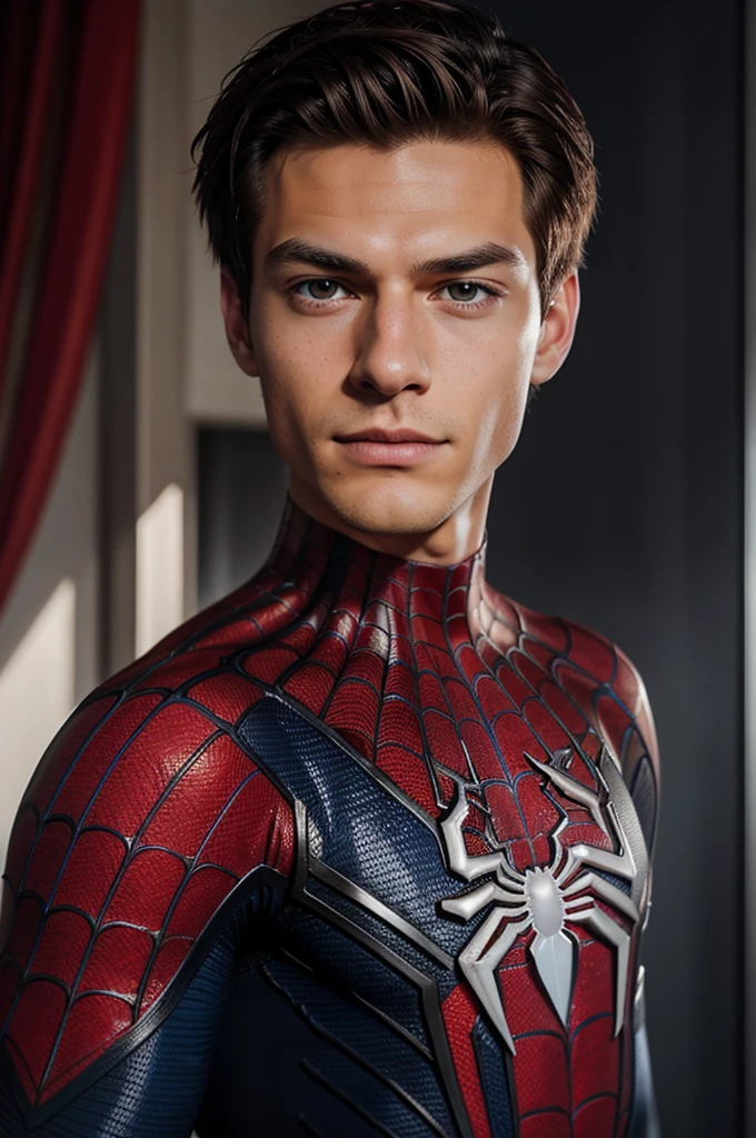 A photograph of spider man, no mask, 20 yo, handsome, detailed face, looking at camera, portrait, 8k uhd, high quality