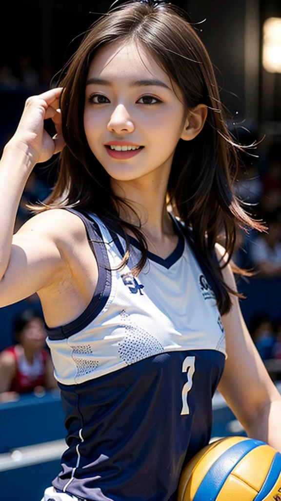 (8K、RAW photos、top quality、masterpiece:1.2)、(realistic、realistic:1.37)、very detailed、Super high resolution、1 girl、see who sees、Really detailed face、smile、constriction、(slim waist) :1.3)、beautiful detailed skin、skin texture、floating hair、professional lighting、whole human body、long hair、blond hair、bob hair、F cup、행복한 smile、Twenty、baby face、유치한 smile、dinner、volleyball uniform, sleeveless tank top、volleyball match venue、Armpit pose、Sub's pose, big ass, back