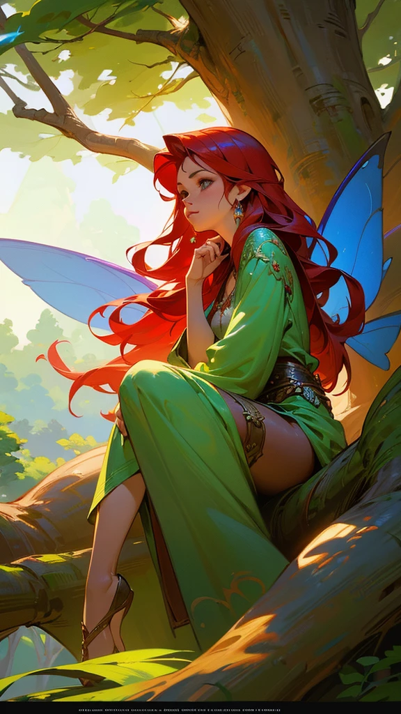 a woman with red hair and blue wings sitting on a tree branch, fantasy art style, 8k high quality detailed art, portrait of a fairy, digital fantasy art ), epic fantasy art style, epic fantasy art style hd, portrait of fairy, beautiful fairy, fanart best artstation, extremely detailed artgerm, digital fantasy art, beautiful fantasy art, realistic fantasy artwork