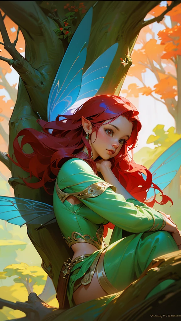 a woman with red hair and blue wings sitting on a tree branch, fantasy art style, 8k high quality detailed art, portrait of a fairy, digital fantasy art ), epic fantasy art style, epic fantasy art style hd, portrait of fairy, beautiful fairy, fanart best artstation, extremely detailed artgerm, digital fantasy art, beautiful fantasy art, realistic fantasy artwork