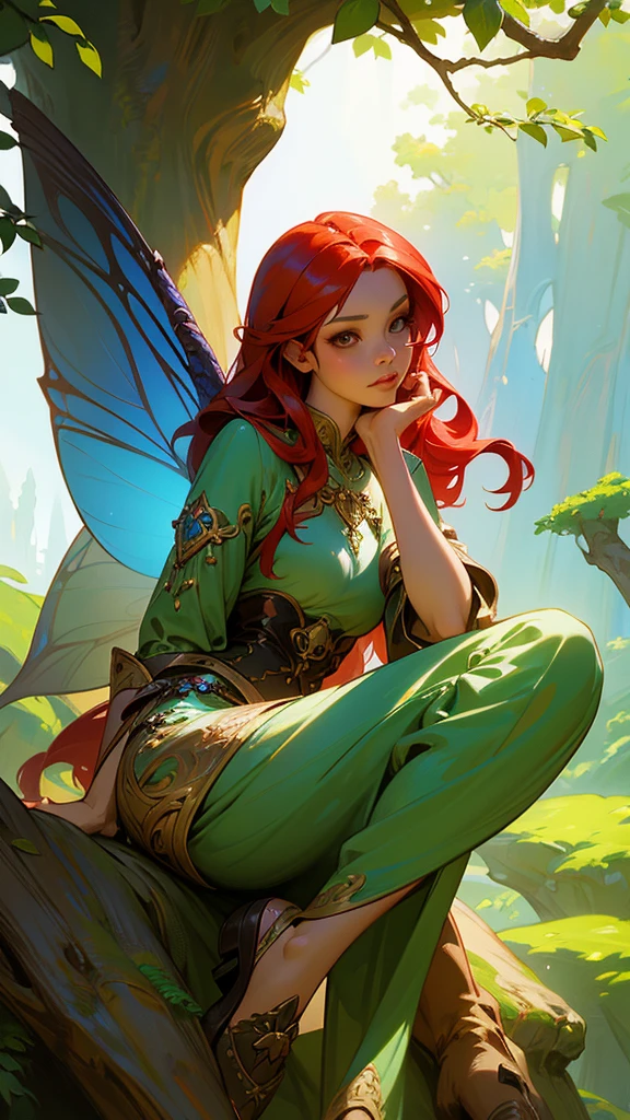 a woman with red hair and blue wings sitting on a tree branch, fantasy art style, 8k high quality detailed art, portrait of a fairy, digital fantasy art ), epic fantasy art style, epic fantasy art style hd, portrait of fairy, beautiful fairy, fanart best artstation, extremely detailed artgerm, digital fantasy art, beautiful fantasy art, realistic fantasy artwork