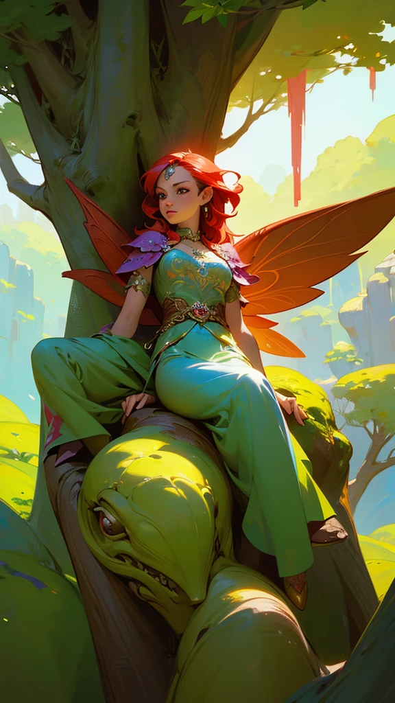 a woman with red hair and blue wings sitting on a tree branch, fantasy art style, 8k high quality detailed art, portrait of a fairy, digital fantasy art ), epic fantasy art style, epic fantasy art style hd, portrait of fairy, beautiful fairy, fanart best artstation, extremely detailed artgerm, digital fantasy art, beautiful fantasy art, realistic fantasy artwork