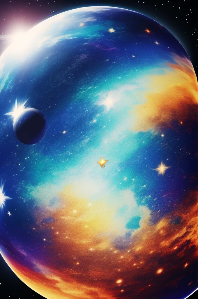 metal ball in space, gradient stripes, stars light