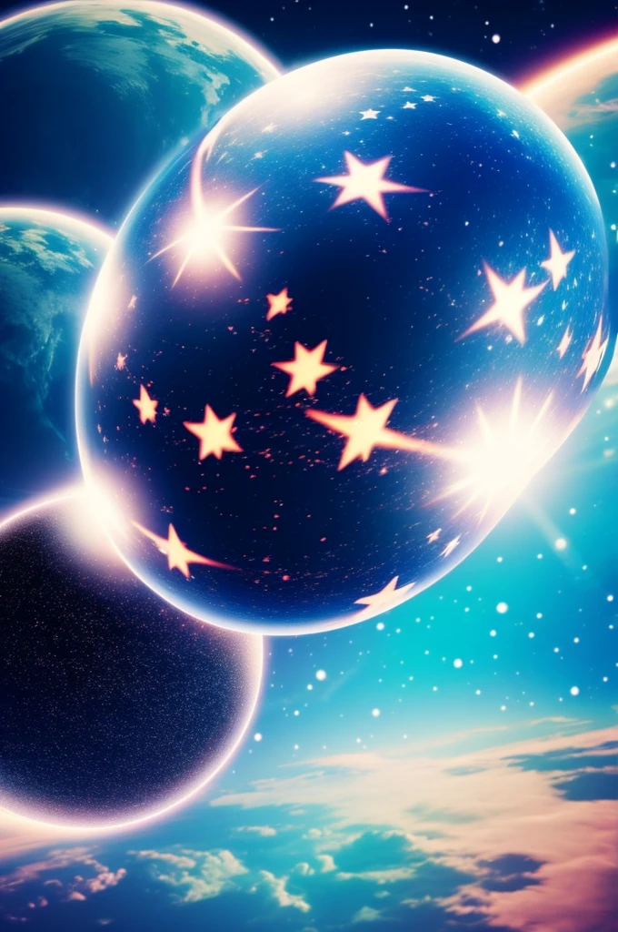 metal ball in space, gradient stripes, stars light