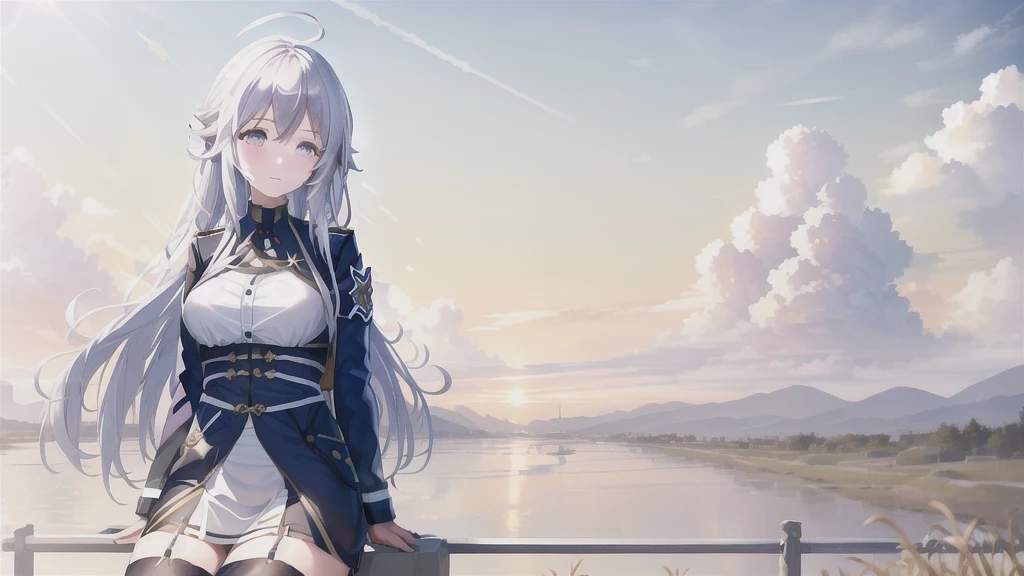 (masterpiece, best quality:1.2), highres, 
(1girl),Vladilena,lenaface,white thighhighs, garter straps, grey eyes, breasts, sky, looking at viewer, white hair,outdoors, boots, military, blue jacket, cloud, medium breasts, long sleeves, jacket, military uniform,antenna hair, hair between eyes, closed mouth, looking at viewer, portrait, ahoge, light smile, bangs, white hair,
golden hour, glowing sky, warm sunrays, amber hues, serene atmosphere, vanishing point, aged wooden ties, rusted metal rails, gentle breeze, rhythmic clacking of a distant train, silhouettes of trees, tall grasses swaying, nostalgic ambiance, quiet contemplation, connection between past and present, timeless beauty,
