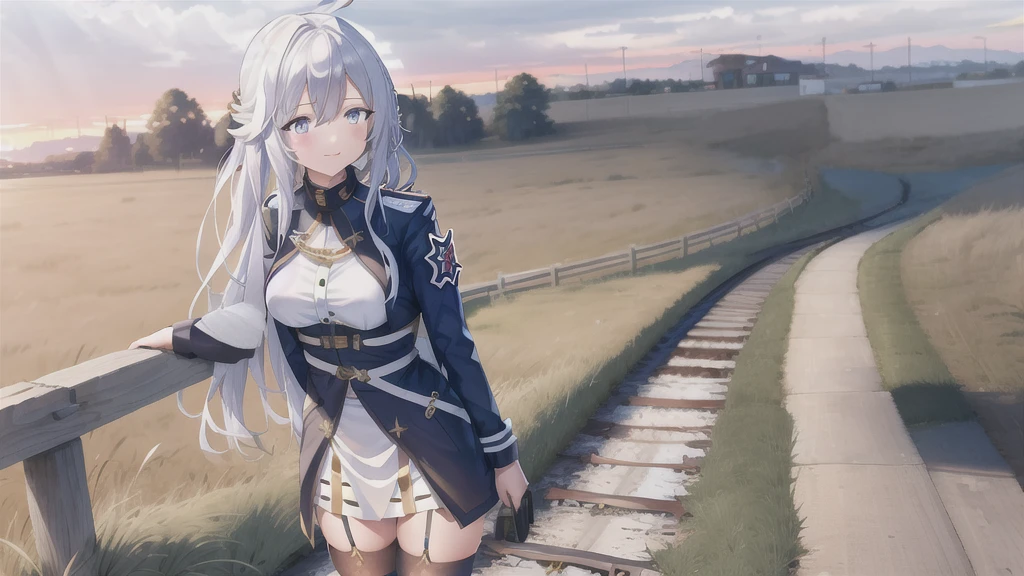 (masterpiece, best quality:1.2), highres,
(1girl),Vladilena,lenaface,white thighhighs, garter straps, grey eyes, breasts, sky, looking at viewer, white hair,outdoors, boots, military, blue jacket, cloud, medium breasts, long sleeves, jacket, military uniform,antenna hair, hair between eyes, closed mouth, looking at viewer, portrait, ahoge, light smile, bangs, white hair,
golden hour, glowing sky, warm sunrays, amber hues, serene atmosphere, vanishing point, aged wooden ties, rusted metal rails, gentle breeze, rhythmic clacking of a distant train, silhouettes of trees, tall grasses swaying, nostalgic ambiance, quiet contemplation, connection between past and present, timeless beauty,