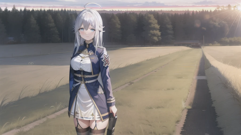 (masterpiece, best quality:1.2), highres, 
(1girl),Vladilena,lenaface,white thighhighs, garter straps, grey eyes, breasts, sky, looking at viewer, white hair,outdoors, boots, military, blue jacket, cloud, medium breasts, long sleeves, jacket, military uniform,antenna hair, hair between eyes, closed mouth, looking at viewer, portrait, ahoge, light smile, bangs, white hair,
golden hour, glowing sky, warm sunrays, amber hues, serene atmosphere, vanishing point, aged wooden ties, rusted metal rails, gentle breeze, rhythmic clacking of a distant train, silhouettes of trees, tall grasses swaying, nostalgic ambiance, quiet contemplation, connection between past and present, timeless beauty,
