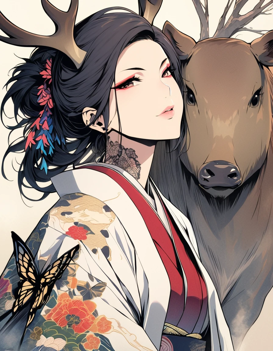 ultra-detailed:1.3, ultra delicate and detailed face:1.3, (absurdres, texture, masterpiece), pixiv contest winner, sumi-e, by Sharaku, dynamic manga-style illustration of yakuza lady, Japanese irezumi tattoo of deer and boar and butterfly on her back, kimono, 