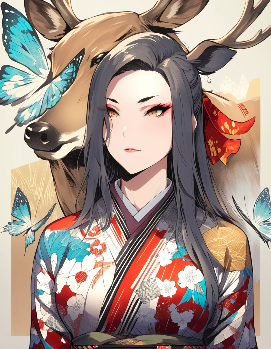 ultra-detailed:1.3, ultra delicate and detailed face:1.3, (absurdres, texture, masterpiece), pixiv contest winner, sumi-e, by Sharaku, dynamic manga-style illustration of yakuza lady, Japanese irezumi tattoo of deer and boar and butterfly on her back, kimono, 