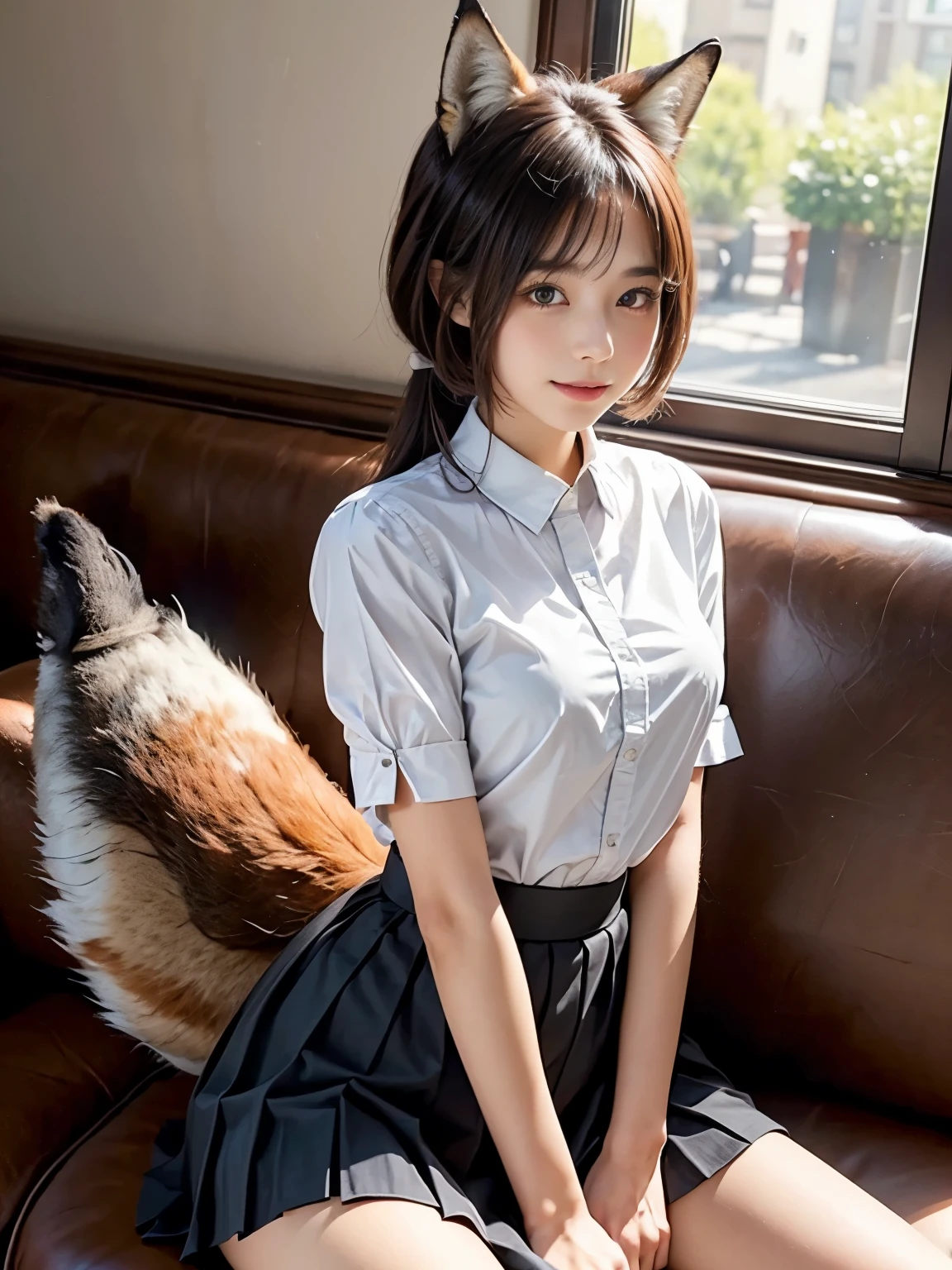 ((Highest quality, 32k)), ((masterpiece)), (Familiar), Perfect Face, pretty girl, She is sitting on a sofa in a cafe in the city., She is relaxing and drinking tea, She has a bushy tail on her butt, She has a fluffy tail, Beautiful hip line, Small breasts, She is wearing a neat blouse and pleated skirt., A bushy tail is visible from under her skirt,, Slender body, Her tail sticks out from under her skirt, (A fox tail protrudes from the inside of her skirt.:1.4), The base of her tail is hidden under her skirt., She is gently stroking her tail