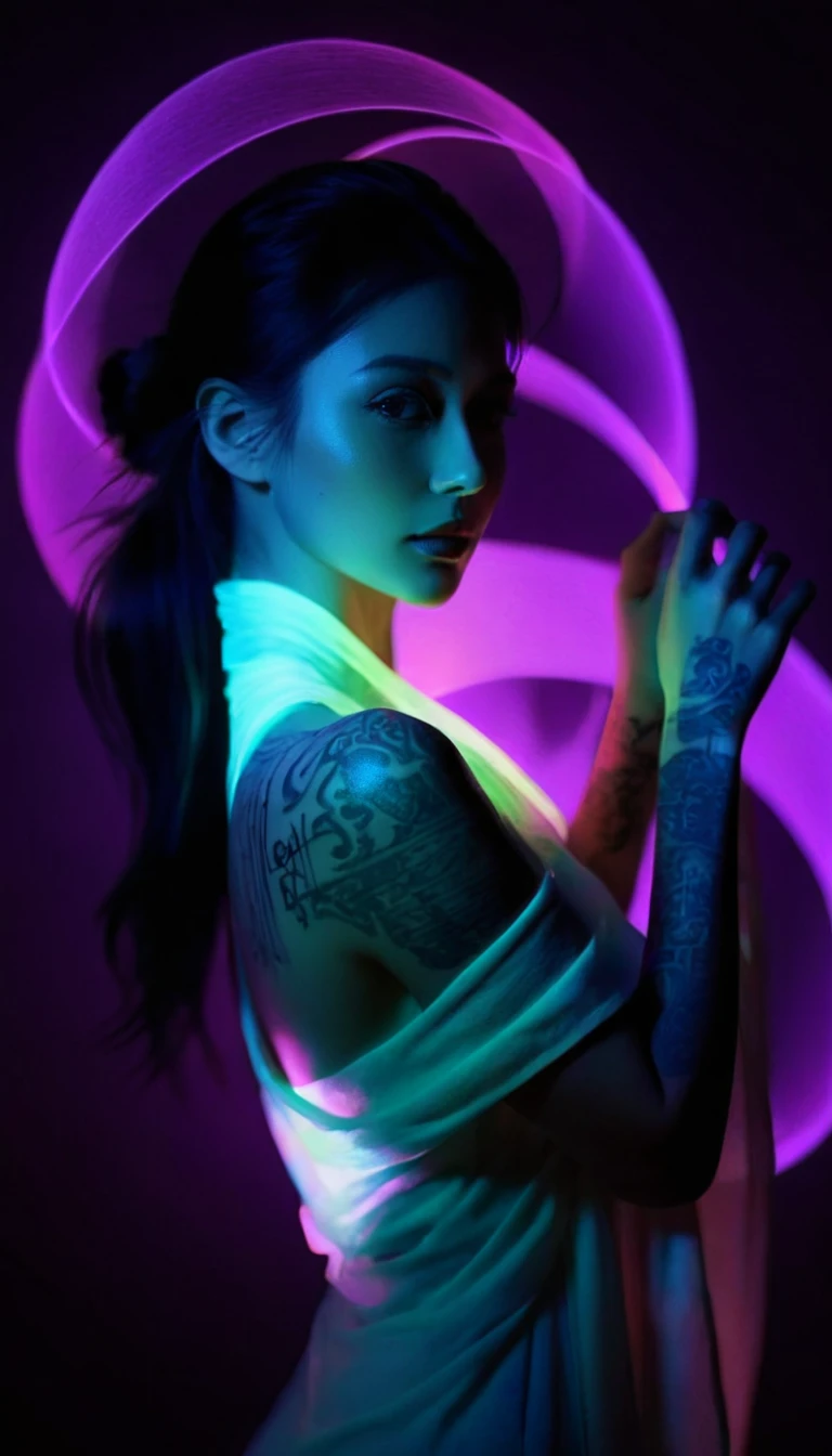 Double Exposure Style,Volumetric Lighting,a girl (Supermodel) with Wrap top,arching her back, beautiful tattoo (neon light), Traditional Attire,Artistic Calligraphy and Ink,light depth,dramatic atmospheric lighting,Volumetric Lighting,double image ghost effect,image combination,double exposure style,