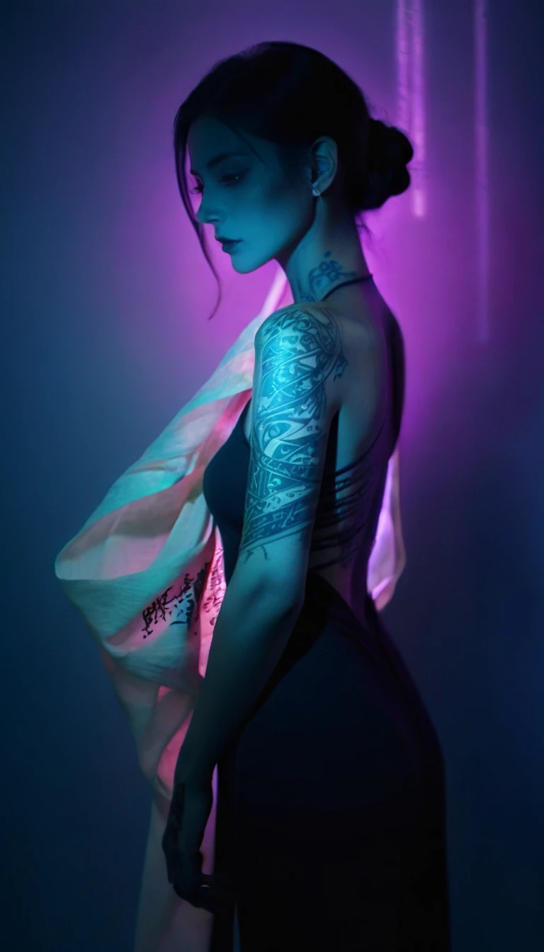 Double Exposure Style,Volumetric Lighting,a girl (Supermodel) with Wrap top,arching her back, beautiful tattoo (neon light), Traditional Attire,Artistic Calligraphy and Ink,light depth,dramatic atmospheric lighting,Volumetric Lighting,double image ghost effect,image combination,double exposure style,