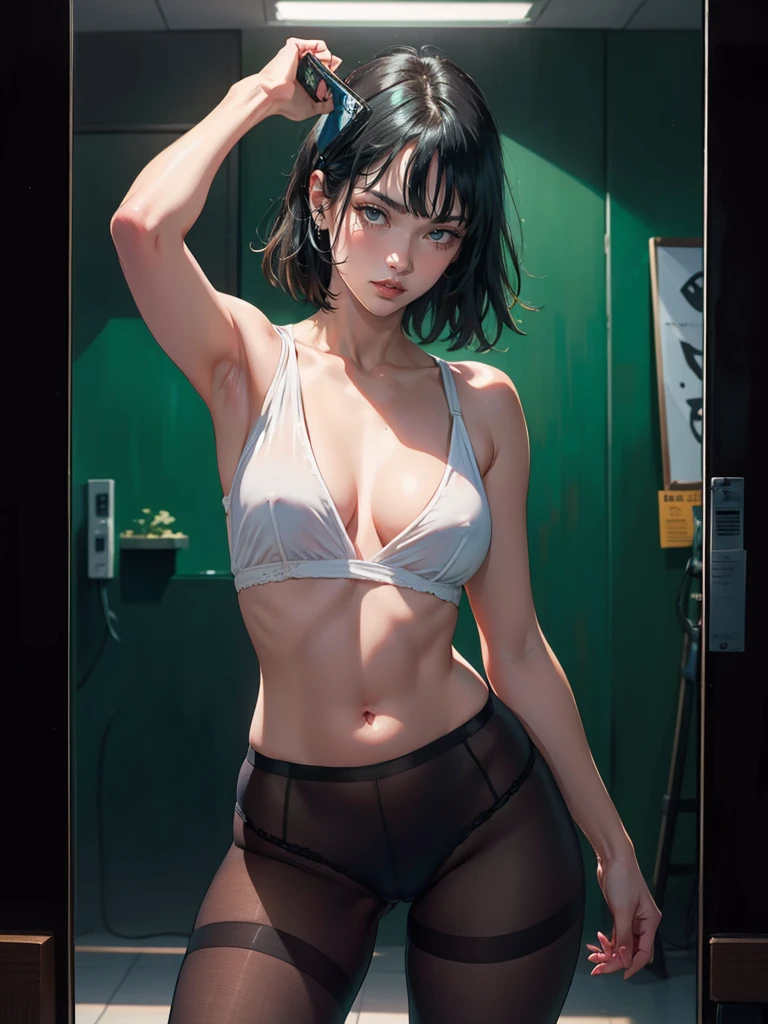 Hyper realistic super detailed sexy fubuki, Very detailed, expressions faciales sexy, seductive facial expressions, [:(Face detail: 1.4): 0.4], 16K resolution, 4k resolution, dinamic lighting, High definition resolution, (hyper realistic: 1.4),(contrasting background: 1.5), hyperrealistic arm), (Hyperrealistic legs), (peau propre), (lighting cinematic: 1.7), (intime), (Technologie NVIDIA RTX Ray Tracing),  hyperrealistic arm: 2), (Ventre plat parfait), (image couleur),fubuki, long hair, large breasts, mirror, room, selfie, holding cellphone, brown pantyhose, pantyhose, thighs, tight cameltoe, see through pantyhose, looking at viewer , masterpiece, best quality, highly detailed, desire, blush, perfect hands, blush, shy, tight gap, skindentation, mirror, room, selfie, holding cellphone.cute pose, half naked