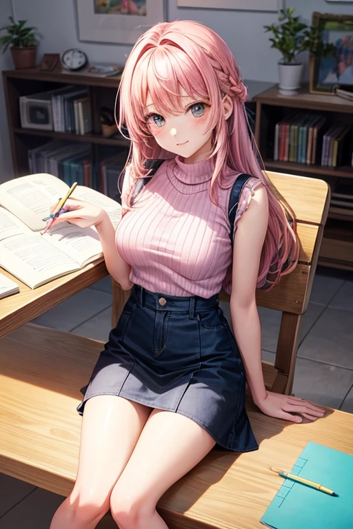 (Masterpiece, BestQuality:1.3), (ultra detailed:1.2), (hyperrealistic:1.3), (RAW photo:1.2), High detail RAW color photo, professional photograph, (Photorealistic:1.4), (realistic:1.4), (Pink Hair:1.5), professional lighting, perfect anatomy, (Big Breasts:1.2), (blush, detailed face), (A happy smile:1.7), sexly, erotic sexly, Random sexy gravure poses, (White shirt and blue mini skirt、White high heels、Sexy pose reading a book in the library。The earrings shine。:1.3)