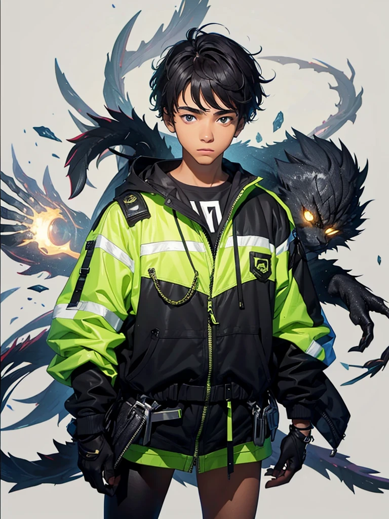 20 year old young man;
There&#39;s a shadow (monstr) coming out of it;
There are many black hands around;
There&#39;s a cell phone floating around;
