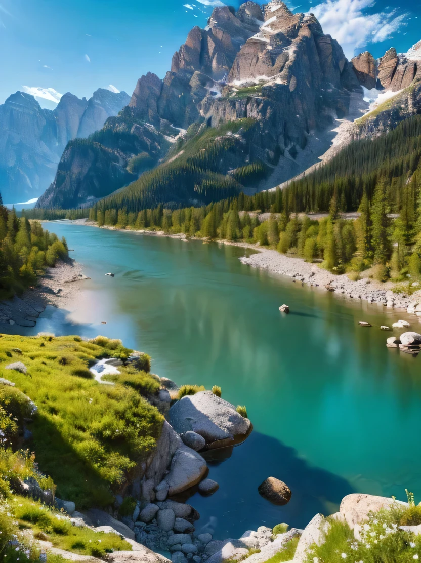 ((Masterpiece, top quality, very detailed, high resolution, realistic, sharp focus)), high contrast, high color saturation, landscape with water, river and rocky mountains, gentle flow, (highly detailed CG unity, 8k wallpaper), intricate and realistic paintings