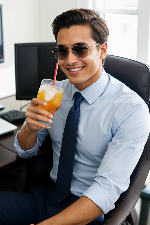 ((Best Quality)), ((Office work)), (detailed), (realist) a young adult wearing an office suit with a light blue shirt , brown fur, dark brown eyes, dark blue tie, photo with the same man but holding a refreshing drink in one hand and wearing sunglasses smiling while his computer does the work for him feeling satisfied and relaxed in his chair as he is free from all his work