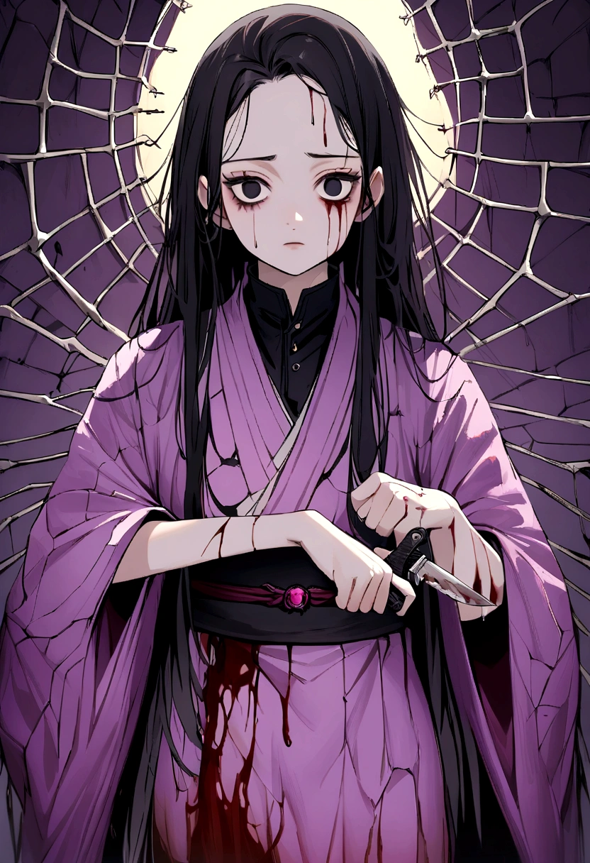 adolescent, black hair one black eye and the other yellow, kimono all torn with a very faint purple color, spiders with blood on their bodies holding a knife with blood