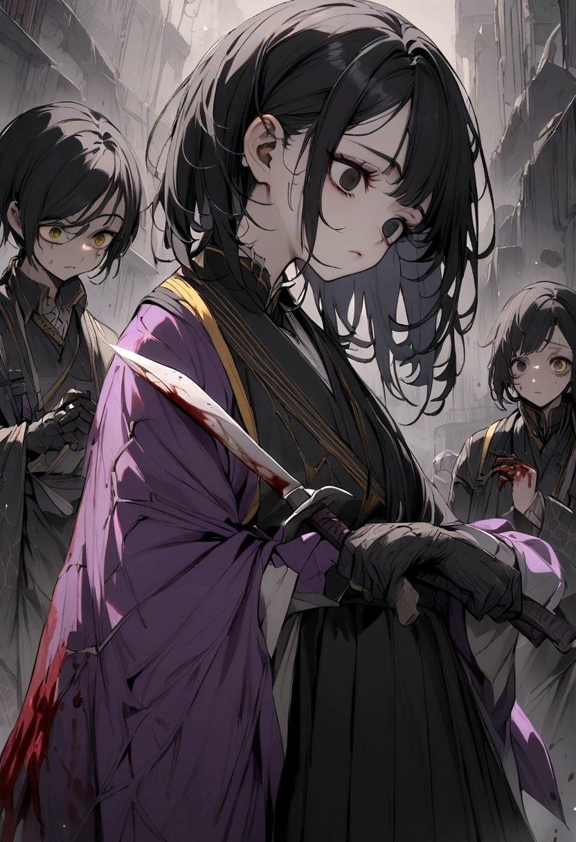 adolescent, black hair one black eye and the other yellow, kimono all torn with a very faint purple color, spiders with blood on their bodies holding a knife with blood