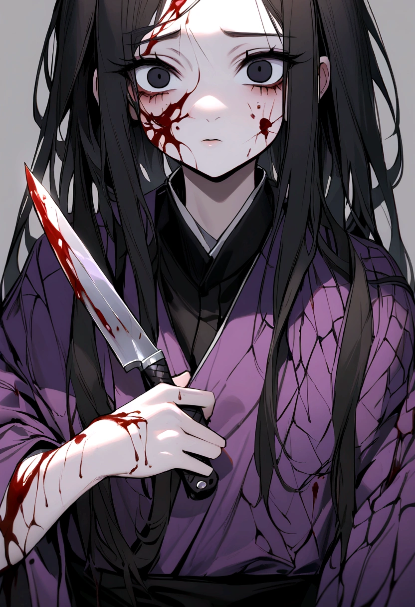 adolescent, black hair one black eye and the other yellow, kimono all torn with a very faint purple color, spiders with blood on their bodies holding a knife with blood