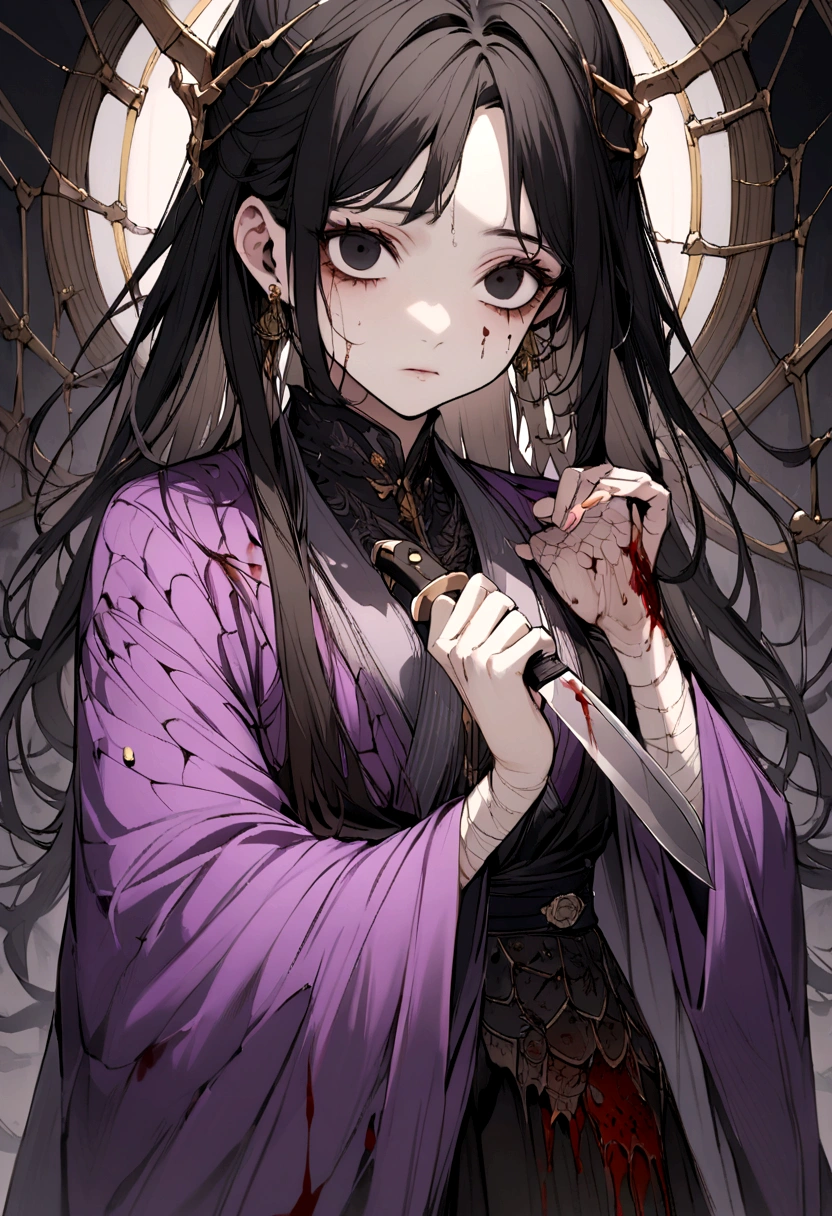 adolescent, black hair one black eye and the other yellow, kimono all torn with a very faint purple color, spiders with blood on their bodies holding a knife with blood