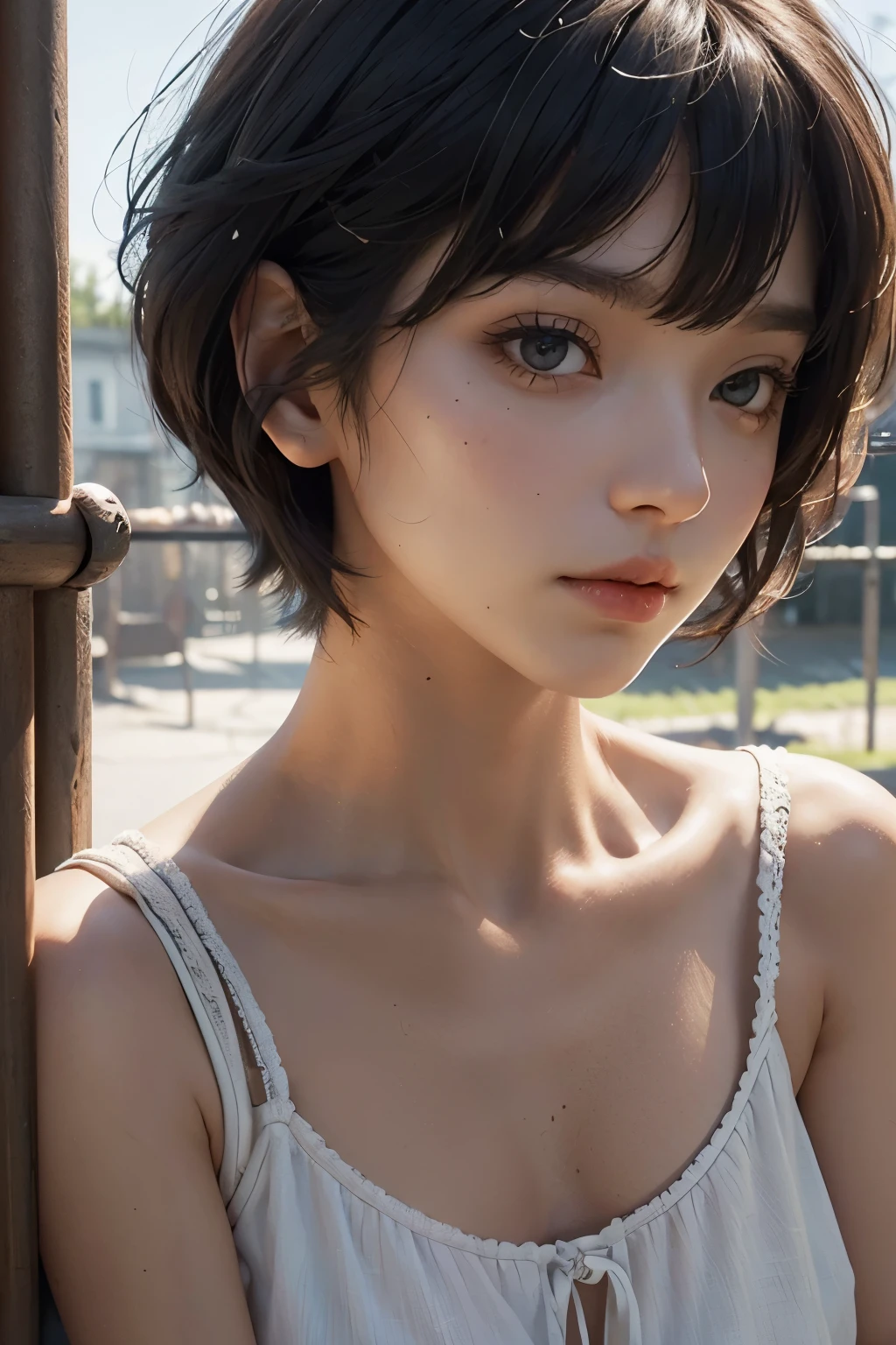 Raped woman with short hair, what makeup, without makeup, Centrally separated curtain bangs, Profile picture, Use Instagram Filters, Subtle soft and dim light, Pose looking around the playground, seesaw, swing, perfect face, julia sardinian, perfect hands, Random behavior, Sandbox, clear sky, full body view,