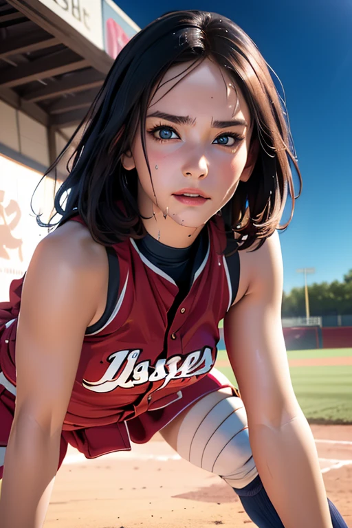 (Highest quality,8K,High resolution,Masseter muscle area:1.2),Super detailed,Realistic:1.37,Portraiture,Dynamic Angle,Women's Softball Players,Teenage Girl,Small Head,cute,sporty,Attractive face,Beautiful face with attention to detail,Extremely realistic skin,Wet Skin,Sweat,Large Breasts,Tight waist,Beautiful legs ,sporty,Softball Venues,Cinema Lighting,hot pants, head to feet