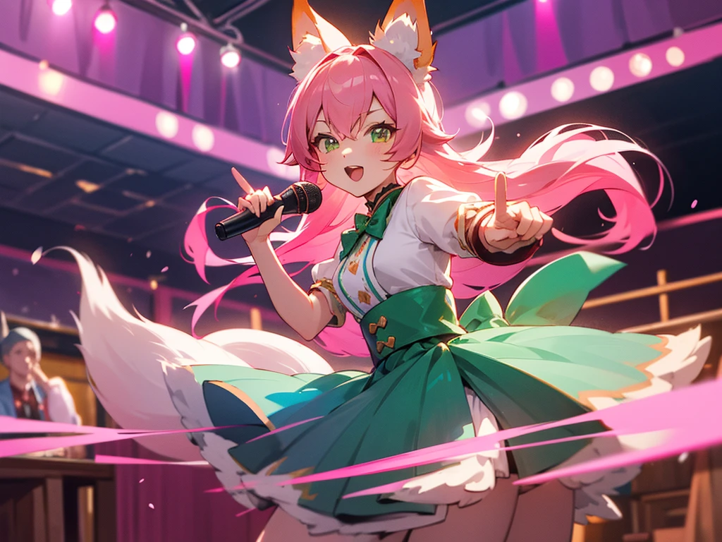 kitsune idol in a tavern, foxgirl, pink fox ears, pink fox tails, pink hair, green eyes, light blue idol dress, tavern background, high quality, masterpiece, singing pointing at viewer