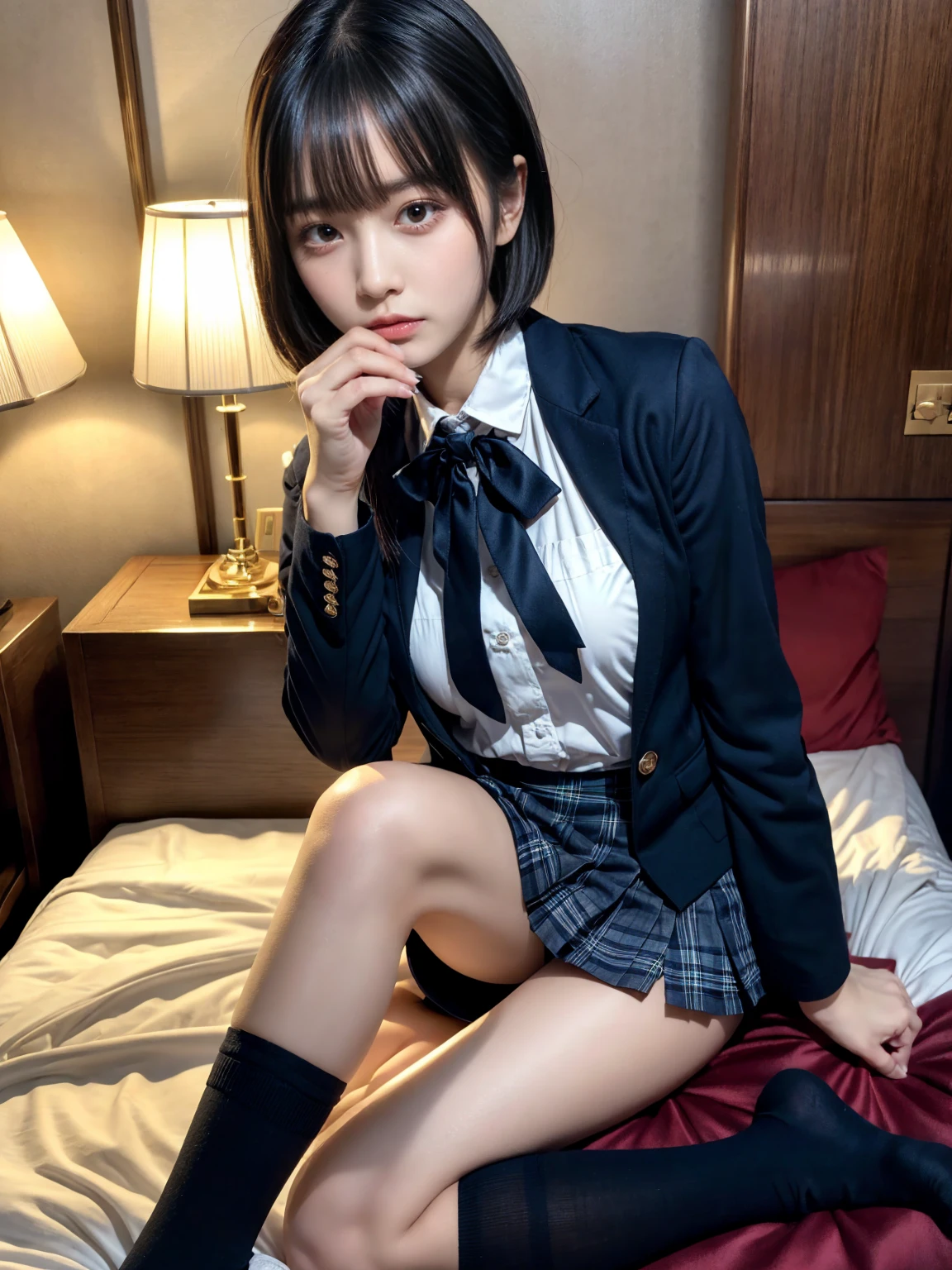 (8K, RAW Photos, Highest quality, masterpiece:1.2), masterpiece, super detailed, super high quality, (Realistic and photorealistic photography:1. 37), High-resolution RAW color photos, Very delicate and beautiful, highly detailed, 8k wallpaper, wonderful, detailed, Very eye, very detailed, very detailed skin, very thin fingers, very detailed nose, very detailed mouth, Perfect Anatomy, BREAK, (2 girls, japanesgirls:1.2), Colossal tits, (short bob hair:1.2), black hair color, huge breasts, very huge round breasts, Beautiful makeup, glitter makeup, Big Natural Color Lip, perfect body shape, crying a little, beautiful legs, beautiful legs, Voluptuous thighs, BREAK, High school girl uniform, blazer, Super Short Check Uniform Skirt, Navy blue high socks, BREAK, The background is a luxury hotel room