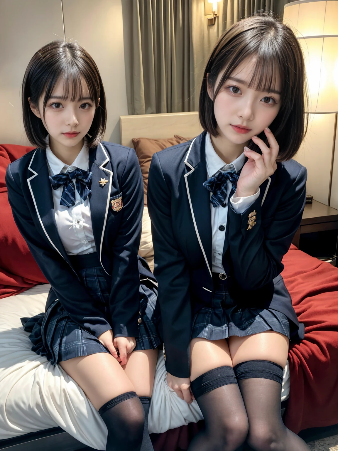 (8K, RAW Photos, Highest quality, masterpiece:1.2), masterpiece, super detailed, super high quality, (Realistic and photorealistic photography:1. 37), High-resolution RAW color photos, Very delicate and beautiful, highly detailed, 8k wallpaper, wonderful, detailed, Very eye, very detailed, very detailed skin, very thin fingers, very detailed nose, very detailed mouth, Perfect Anatomy, BREAK, (2 girls, japanesgirls:1.2), Colossal tits, (short bob hair:1.2), black hair color, huge breasts, very huge round breasts, Beautiful makeup, glitter makeup, Big Natural Color Lip, perfect body shape, crying a little, beautiful legs, beautiful legs, Voluptuous thighs, BREAK, High school girl uniform, blazer, Super Short Check Uniform Skirt, Navy blue high socks, BREAK, The background is a luxury hotel room