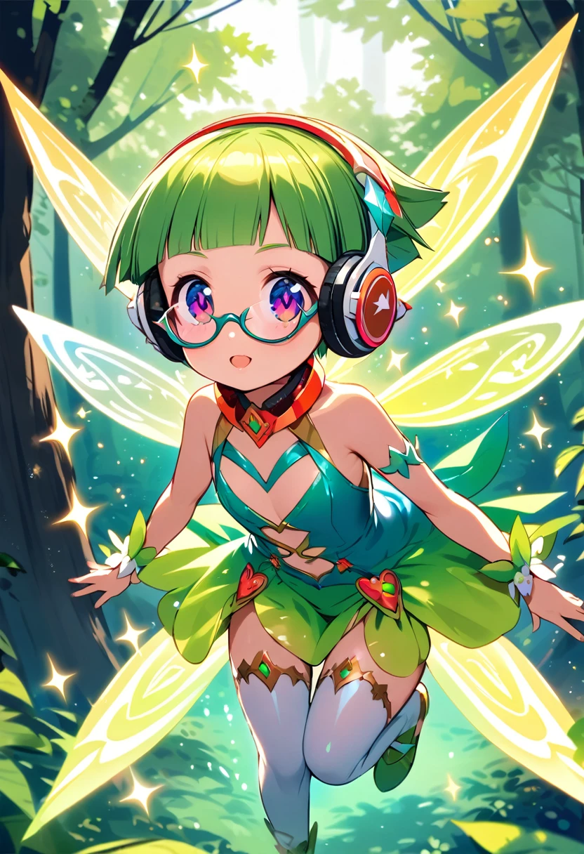 (super very short hair:1.3), blunt bangs, (((underrim glasses:1.3))), (headphones:1.3), a hauntingly beautiful cute fairy jump flying in the forest. her vibrant and youthful features create a striking juxtaposition of ethereal beauty. tight latex fairy dress, short dress, sparkly wings.