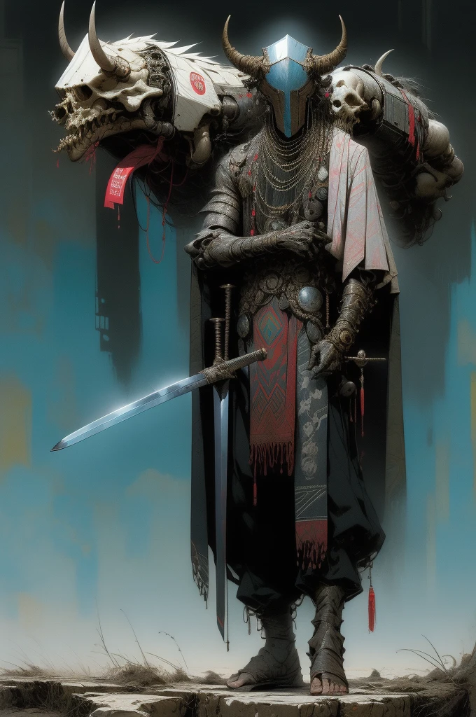 Perfect proportions, Anatomically correct, (Head to Toe: 2.0), (Full body image: 2.0), alone, (Casshern: 1.6), Highly stylized, Deviant art, masterpiece, Very detailed, Fine grain, expressive Fine grain, Detailed pupil, Futuristic, ((Bull's head)), ((Pointed helmet)), Rubber Gloss, (Flight Suit:1.4), Big Boots, Full body image, Full Body Shot, nvInkpunk, professional photograph of alexander_skarsgard, Tassel, big beads, (大きなTassel), cyber punk, Inkpunk, Paint tray, Ink splash, (Action pose:1.0), ((Holding a sword))