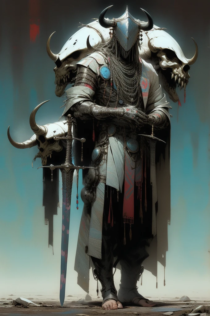 Perfect proportions, Anatomically correct, (Head to Toe: 2.0), (Full body image: 2.0), alone, (Casshern: 1.6), Highly stylized, Deviant art, masterpiece, Very detailed, Fine grain, expressive Fine grain, Detailed pupil, Futuristic, ((Bull's head)), ((Pointed helmet)), Rubber Gloss, (Flight Suit:1.4), Big Boots, Full body image, Full Body Shot, nvInkpunk, professional photograph of alexander_skarsgard, Tassel, big beads, (大きなTassel), cyber punk, Inkpunk, Paint tray, Ink splash, (Action pose:1.0), ((Holding a sword))