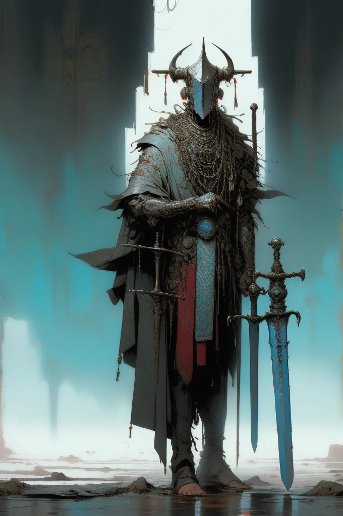 Perfect proportions, Anatomically correct, (Head to Toe: 2.0), (Full body image: 2.0), alone, (Casshern: 1.6), Highly stylized, Deviant art, masterpiece, Very detailed, Fine grain, expressive Fine grain, Detailed pupil, Futuristic, ((Bull's head)), ((Pointed helmet)), Rubber Gloss, (Flight Suit:1.4), Big Boots, Full body image, Full Body Shot, nvInkpunk, professional photograph of alexander_skarsgard, Tassel, big beads, (大きなTassel), cyber punk, Inkpunk, Paint tray, Ink splash, (Action pose:1.0), ((Holding a sword))