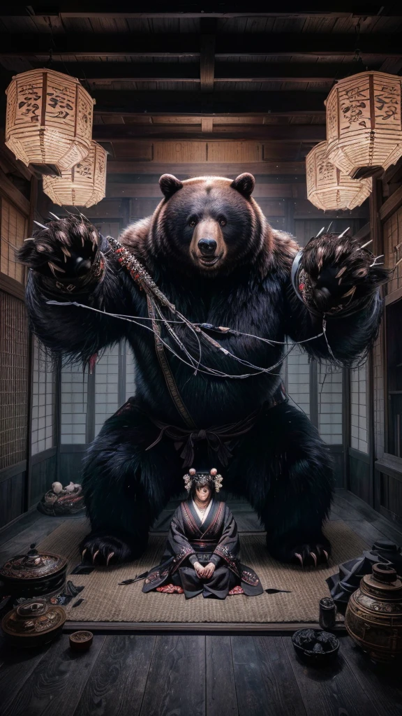 There is a bear in the background、There is a woman sitting on the floor, Black Bear Samurai, Anthropomorphic Samurai Bear, moon bear samurai, Amazing anime 8k, Detailed 4K horror artwork, Inspired by Kano Naizen, 4k artwork, 4k art, 4K Manga Wallpapers, Giant bear-human hybrid, Highly detailed official artwork
