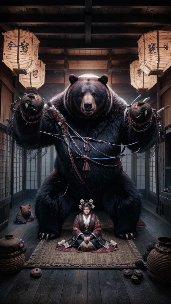 There is a bear in the background、There is a woman sitting on the floor, Black Bear Samurai, Anthropomorphic Samurai Bear, moon bear samurai, Amazing anime 8k, Detailed 4K horror artwork, Inspired by Kano Naizen, 4k artwork, 4k art, 4K Manga Wallpapers, Giant bear-human hybrid, Highly detailed official artwork
