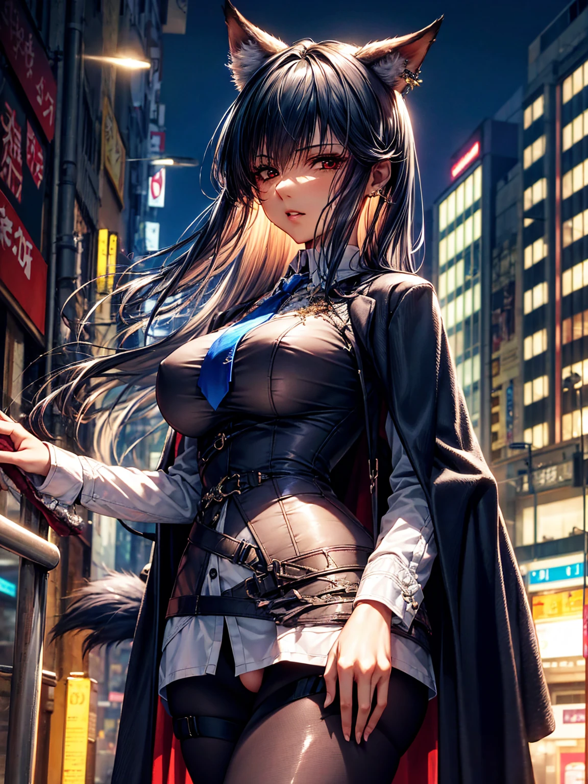 top-quality、tmasterpiece、Very high resolution、super high image quality、High-quality pixels)、perfect eyes, perfect face, perfect body figure，solo，8K, large breast，(Detailed description of hair), (Detailed description of face),(Detailed description of body), fair and clear skin, matchless beauty, long legged, dark grey hair details expressed, The details have been upgraded，opaque red eyeball color，model posture，dark grey fox ears，dark grey fox tail，Braless, pigsney, Looking at Viewer, arms behind back , put hands on the hip, (Perfect hands), puffies , Female pubic hair, see-through legwear, shirt, shirts lift, Earring, shiny eyes, long black open coat, Open jacket, Blue tie,long stocking, on Hongkong street,Cityscape,Night, symmetric outfit