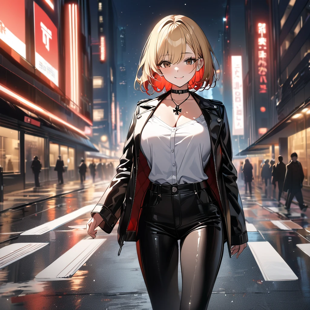 A woman wearing an open black leather jacket, white shirt with iron cross symbol, iron cross necklace on her neck, short hair, blonde hair, red bangs, multicolored hair, brown eyes, smiling, black barrette in her hair, large breasts, black pants, black leather boots, standing, walking on a sidewalk in a big city, modern building in the background, a black luxury car next to it, night place, lighting with colors, orange, blue and red, blurred background ..UHD , prime work , accurate , anatomically correct , textured skin , super details , high quality , best quality, 8k, high resolution, bokeh effect. (woman solo)