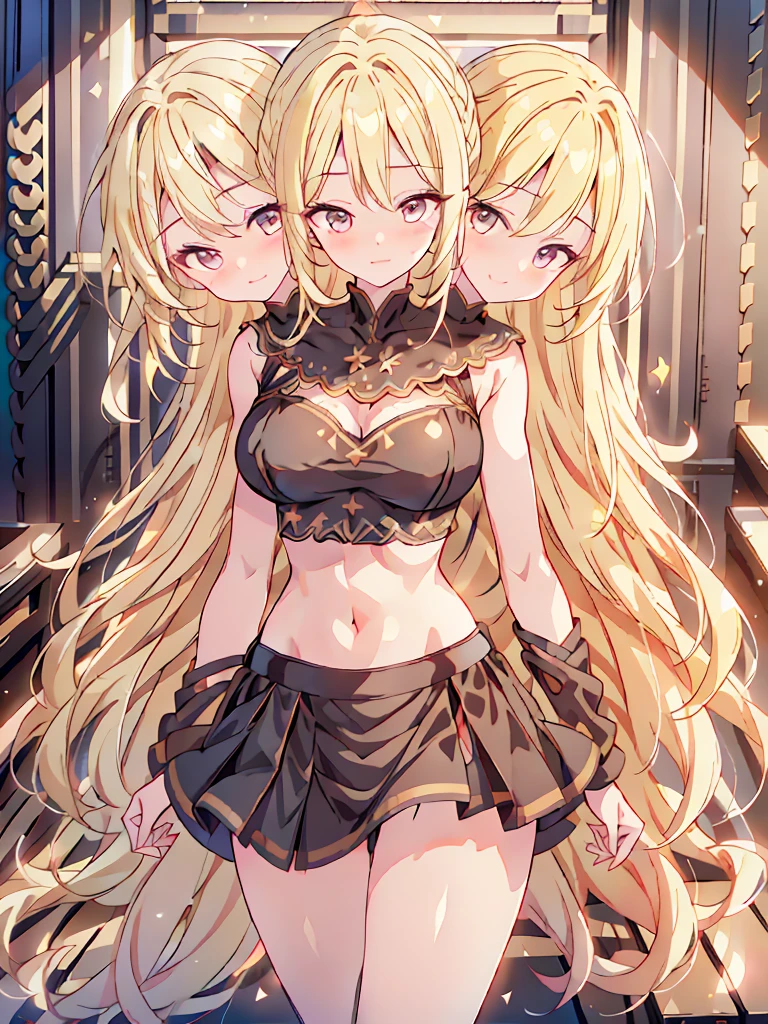 best quality, (masterpiece),(ultra-detailed), (high quality), (high resolution), ((3heads:1.5)), best quality:1.5, highres, UHD, 16K), smiling, highres, masterpiece, ((blonde hair)), (long hair), blushing, ((cinematic particles)), cowboy shot, ((Black crop top), queen skirt, sharp looking eyes, black miniskirt
