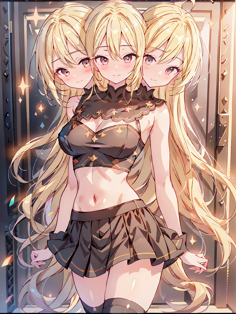 best quality, (masterpiece),(ultra-detailed), (high quality), (high resolution), ((3heads:1.5)), best quality:1.5, highres, UHD, 16K), smiling, highres, masterpiece, ((blonde hair)), (long hair), blushing, ((cinematic particles)), cowboy shot, ((Black dress)), queen dress, sharp looking eyes,