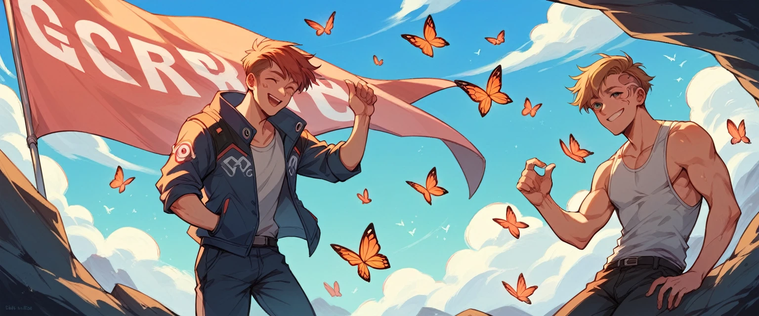 Create a cyberpunk banner that shows a teenage man smiling and looking at God in the sky. May there be many butterflies flying by your side