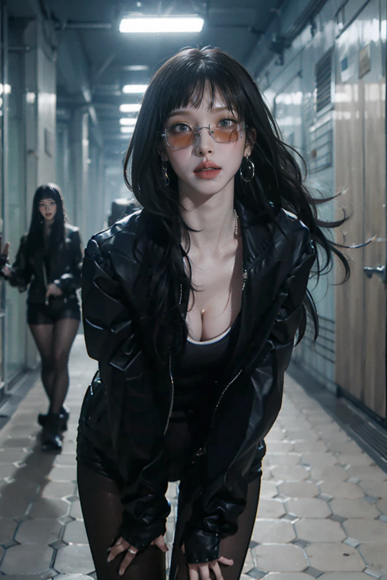 masterpiece, Highest quality,dnfSpectre, Earrings, Cleavage, Black jacket, Black leotard, pantyhose, Black gloves, sunglasses, night, Abandoned City, Large Breasts,(Browsing Caution:1.0),((Long white hair))