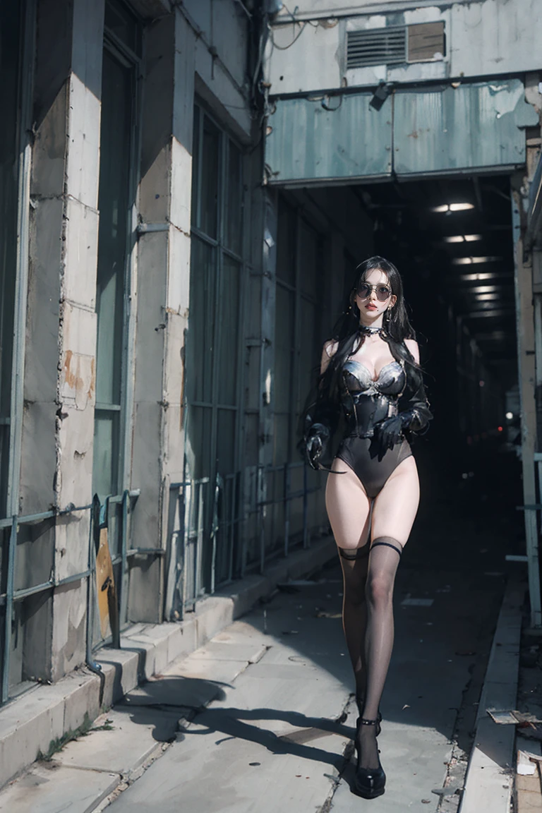 masterpiece, Highest quality,dnfSpectre, Earrings, Cleavage, Black jacket, Black leotard, pantyhose, Black gloves, sunglasses, night, Abandoned City, Large Breasts,(Browsing Caution:1.0),((Long white hair))