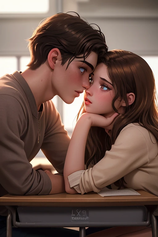 a teenage couple looking into each other's eyes in a classroom, beautiful detailed eyes, beautiful detailed lips, extremely detailed eyes and face, long eyelashes, tender intimate moment, romantic, cinematic lighting, warm color palette, photorealistic, 8k, best quality, masterpiece