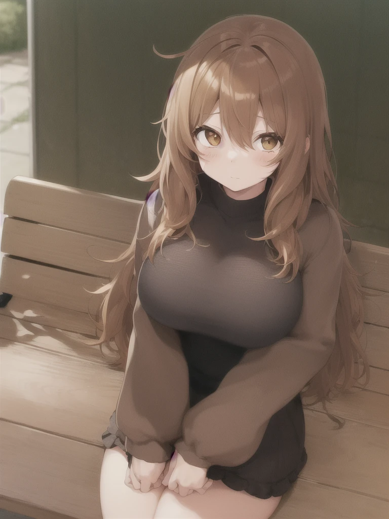 anime image, detailled image, 1girl‚ brown eyes‚ beautiful eyelashes‚ (chestnut hair)‚ (chestnut hair curto), (chestnut hair curtos e cacheados), (Messy hair) black clothing, sitting on a bench, big, thick thighs‚ pastel and vibrant colors, lineart, Simpler
