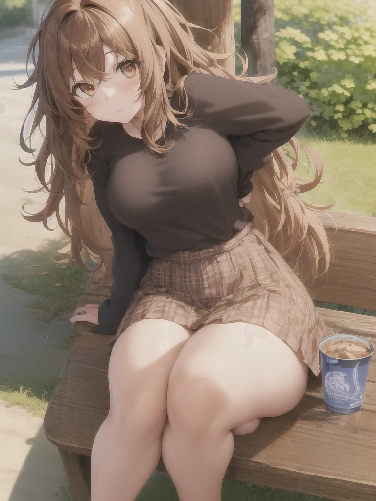 anime image, detailled image, 1girl‚ brown eyes‚ beautiful eyelashes‚ (chestnut hair)‚ (chestnut hair curto), (chestnut hair curtos e cacheados), (Messy hair) black clothing, sitting on a bench, big, thick thighs‚ pastel and vibrant colors, lineart, Simpler
