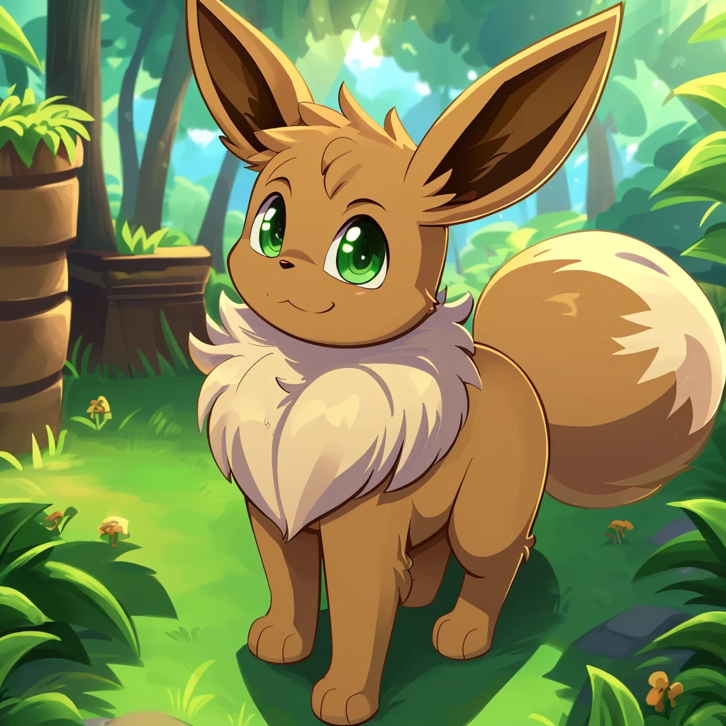 uploaded on e621, ((, by william hanna, by hanna barbera productions, by joseph barbers)), Solo (quadruped feral:1.4) ((Eevee)) with ((tan body)) And (((white neck tuft))) And (Brown fluffy dipstick tail) And ((Clear light green eyes)), (Detailed Eevee), ((detailed fluffy fur)), (Three-quarter portrait, Looking at Viewer, three quarter view, [High-angle view]:1.2), BREAK, (Detailed background, depth of fields, half body shadow, Sunlight, ambient light on the body), (Convoluted:0.7), (high detailing:1.2), (Unreal Engine:1.3), (Sharp Focus:1.1), [explict content, questionable content], (masutepiece, Best Quality, 4K, 2 k, Shaded, absurd res)